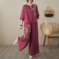 Nicole™ Set aus Baumwoll Leinen mit zarter Blumenstickerei und Pantalon Hose – Bordeauxrot
