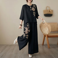 Nicole™ Set aus Baumwoll Leinen mit zarter Blumenstickerei und Pantalon Hose – Schwartz