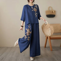 Nicole™ Set aus Baumwoll Leinen mit zarter Blumenstickerei und Pantalon Hose – Dunkelblau