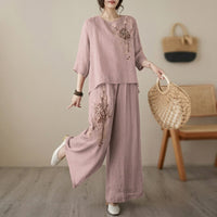 Nicole™ Set aus Baumwoll Leinen mit zarter Blumenstickerei und Pantalon Hose – Hellrosa