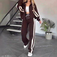 Angelina™ Set mit Stehkragenjacke und modernen Streifen – Braun