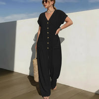 Cannes™ Jumpsuit mit Knopfleiste vorn und V-Ausschnitt – Schwarz
