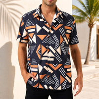 Graffiti™ Hemd mit künstlerischem geometrischem Print und leichtem Fall – Dunkelblau mit Orange und Weiß