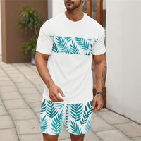 Bali™ Set Mit Exklusiven Prints und Modernem Stil – Weiß mit blauen Shorts mit Blättern