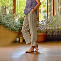 Ella™ Cropped-Hose aus Baumwoll-Leinen mit Eleganten Seitlichen Knöpfen – Beige