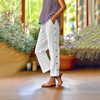 Ella™ Cropped-Hose aus Baumwoll-Leinen mit Eleganten Seitlichen Knöpfen – Weiß
