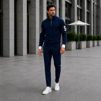 Alexander™ Set mit Stehkragen-Shirt mit Reißverschluss und Minimalistischer Hose – Dunkelblau