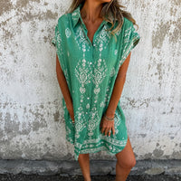 Zahara™ Hemdblusenkleid aus Baumwoll-Leinen mit Boho-Muster – Grün