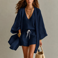 Alena™ Set aus Visco-Leinen mit Leichtem Kimono – Marine