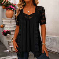 Nadia™ Bluse aus Leinenmischgewebe mit Lagenlook und Spitze – Schwarz
