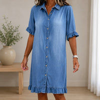 Hemdblusenkleid Marla™ aus Leichtem Denim mit Klassischem Kragen und Volantärmeln – Blau