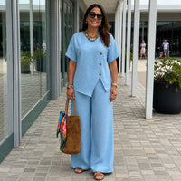 Savena™ Set aus Baumwollleinen mit asymmetrischer Bluse und fließender Palazzohose – Blau