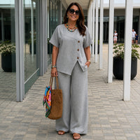 Savena™ Set aus Baumwollleinen mit asymmetrischer Bluse und fließender Palazzohose – Grau
