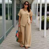 Savena™ Set aus Baumwollleinen mit asymmetrischer Bluse und fließender Palazzohose – Khaki