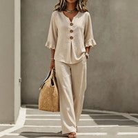 Carmelle™ Set Mit Button-Up-Bluse, Rüschenärmeln Und Palazzo-Hose – Khaki
