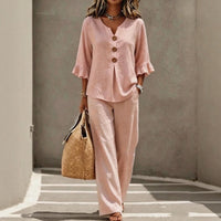 Carmelle™ Set Mit Button-Up-Bluse, Rüschenärmeln Und Palazzo-Hose – Rosa