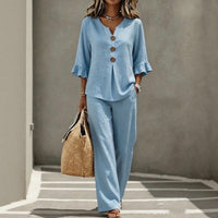 Carmelle™ Set Mit Button-Up-Bluse, Rüschenärmeln Und Palazzo-Hose – Hellblau