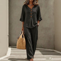Carmelle™ Set Mit Button-Up-Bluse, Rüschenärmeln Und Palazzo-Hose – Schwarz