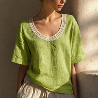 Bluse Alma™ mit Leinen-Baumwoll-Mix und Häkel-Ausschnitt – Grün