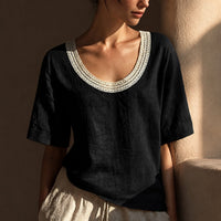 Bluse Alma™ mit Leinen-Baumwoll-Mix und Häkel-Ausschnitt – Schwarz