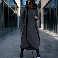 Langer Oversize-Mantel Malva™ mit Kapuze, Reißverschluss und Daumenlochbündchen – Grau