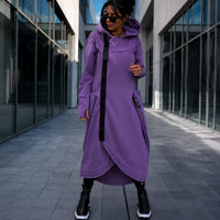 Langer Oversize-Mantel Malva™ mit Kapuze, Reißverschluss und Daumenlochbündchen – Lila