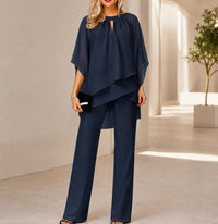 Celienne™ Set mit Chiffonbluse, Mullet-Saum und eleganter Hose mit geradem Schnitt / Ein kompletter Look für besondere Anlässe – Marine