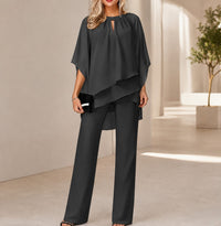 Celienne™ Set mit Chiffonbluse, Mullet-Saum und eleganter Hose mit geradem Schnitt / Ein kompletter Look für besondere Anlässe – Schwarz