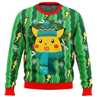 Unisex-Weihnachtsbluse mit Aufdruck, kuschelig und warm – Grün Picachu