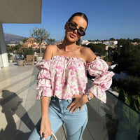 Florenze™ Bluse mit schulterfreiem Design und eleganter Blumenoptik – Rosa Mit Blumenmuster