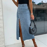 Lorena™ Jeansrock mit Knopfleiste vorn und elegantem Schlitz – Hellblau