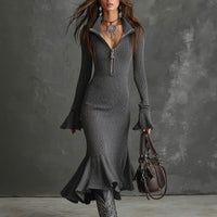 Evora Luxe™ Kleid Aus Geripptem Strick Mit Frontreißverschluss und Meerjungfrauensaum – Grau