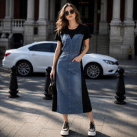 Alisse™ Kleid mit Denim-Panel und Modernem Design – Schwarz
