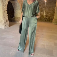 Marevielle™ Set Aus Satinartigem Stoff Mit Lockerer Bluse und Fließender Pantalonhose – Moosgrün