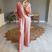 Marevielle™ Set Aus Satinartigem Stoff Mit Lockerer Bluse und Fließender Pantalonhose – Rosa