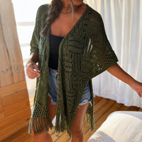 Calivie™ Cardigan Aus Lochstrick Mit Fransen Und Handwerklicher Struktur – Grün
