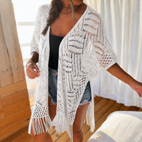 Calivie™ Cardigan Aus Lochstrick Mit Fransen Und Handwerklicher Struktur – Weiß