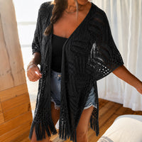 Calivie™ Cardigan Aus Lochstrick Mit Fransen Und Handwerklicher Struktur – Schwarz