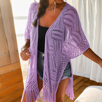 Calivie™ Cardigan Aus Lochstrick Mit Fransen Und Handwerklicher Struktur – Lila