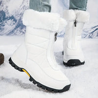 Klelonis | Damen Plüsch gefütterte Schneestiefel - Winter Fleece Front Reißverschluss kurze Stiefel – Weiß