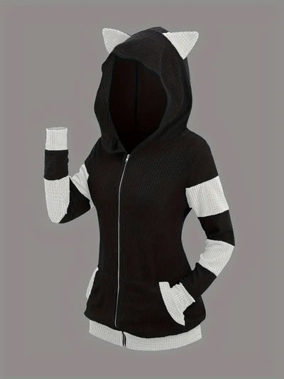 Keyviah | Plus Größe Zip Up Katze Ohren mit Kapuze Jacke, niedliche Farbe Block lange Ärmel