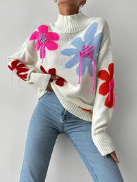 Reigonith | Pullover mit Blumenmuster und hängenden Schultern, modischer Rollkragenpullover mit langen Ärmeln – Weiß