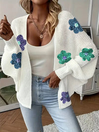 Pavenaya | Elegante Strickjacke für Damen - Buntes Pailletten-Blumenmuster – Weiß