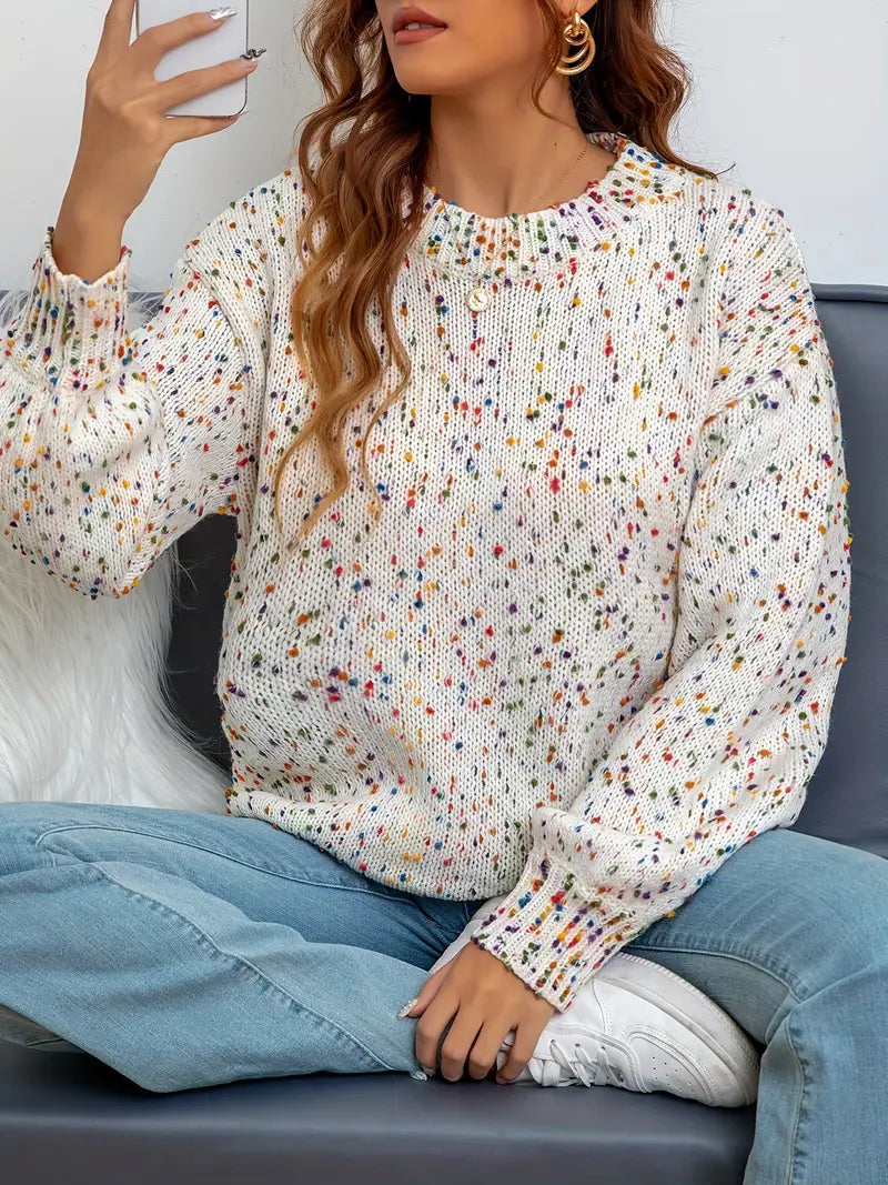 Seyrithlah | Bunter gepunkteter Pullover mit Rundhalsausschnitt - Lässiger Langarmpullover