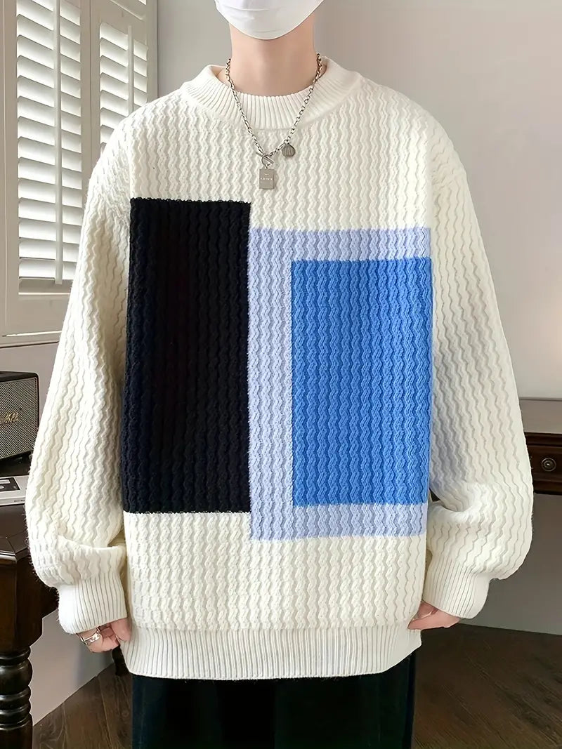Shimari | Geometrischer Grafikdruck, gestrickter Pullover für Männer, Farbe Block