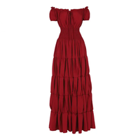 Margaret - Damen Maxikleid mit schulterfreiem Design und gestuftem Rock mit gerafftem Bund – Weinrot