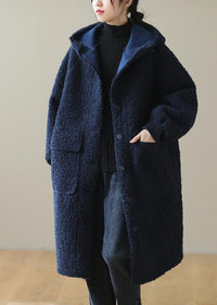 Women Blue Hooded Button Faux Fur Winter Coat – Blau