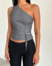 Elegantes Einschultriges Damen-Oberteil mit Bindegürtel in Grau – Grau