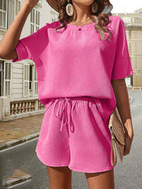 Damen Sommer-Set aus Baumwolle | Luftiges Waffelpique mit Shorts – Rosa