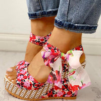 Damen Keilabsatz Sandalen mit Blumenmuster in Elegant-Trend – Rosa